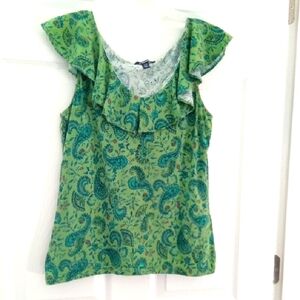 Chaps Ralph Lauren Women's Vintage Green Floral Paisley Ruffled Top Size Medium